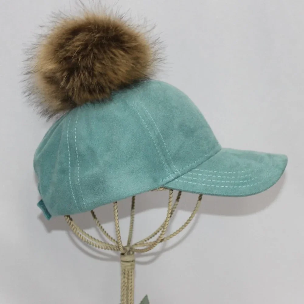 C.C Suede Removable Fur Pom Teal Baseball Cap